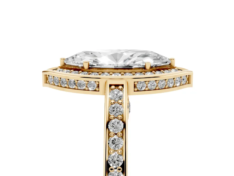 Marquise Cut Diamond Halo Pavé Split Shank Ring Set in Yellow gold with Prong Setting