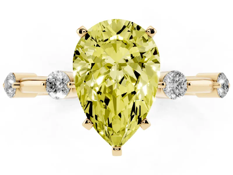 Fancy Yellow Pear Cut Diamond Solitaire Ring Set in Yellow gold with Bezel Set Side Stones and Prong Setting