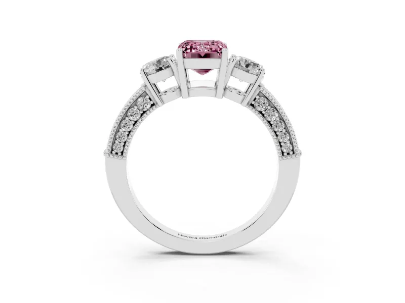 Fancy Pink Emerald Cut Diamond Three-Stone Ring Set in White gold with Round Side Stones and Pavé Band