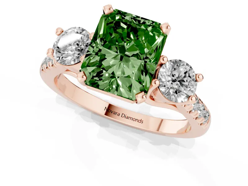 Fancy Green Three-Stone Radiant Cut Diamond Pavé Band Ring Set in Rose gold with Prong-Set Trio