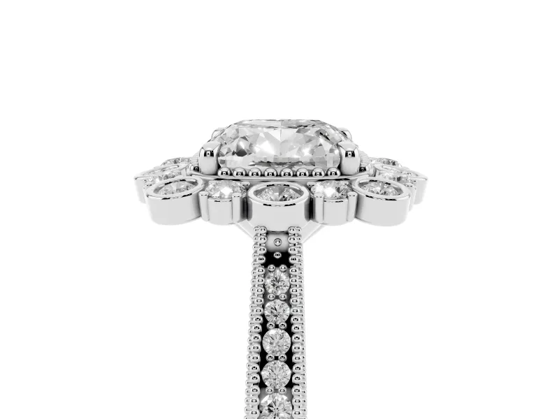 Cushion Cut Diamond Halo Milgrain Pavé Ring Set in Platinum with Prong Setting