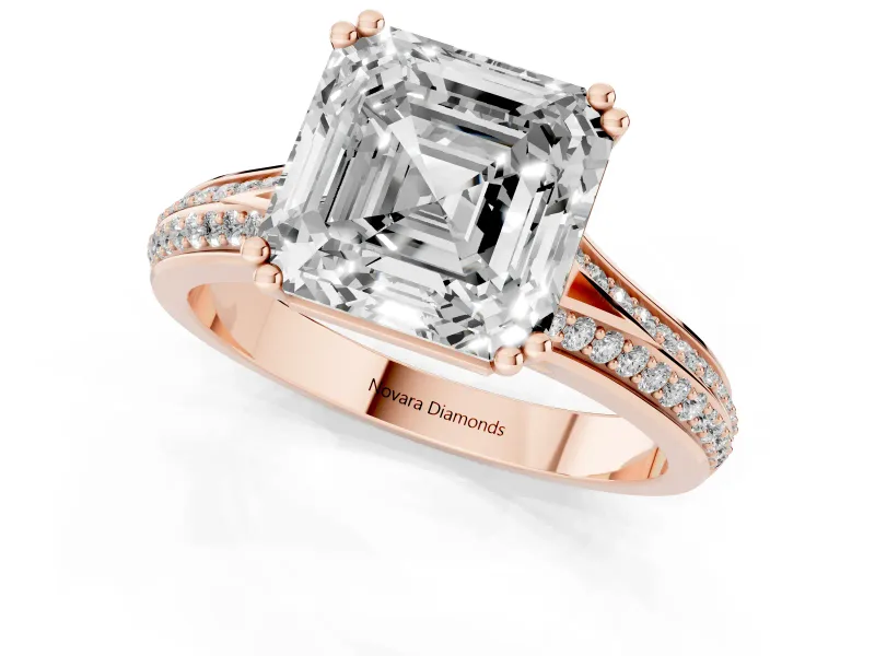 Asscher Cut Pave Split Shank Engagement Ring Setting | Double Claw Prongs | Rose Gold