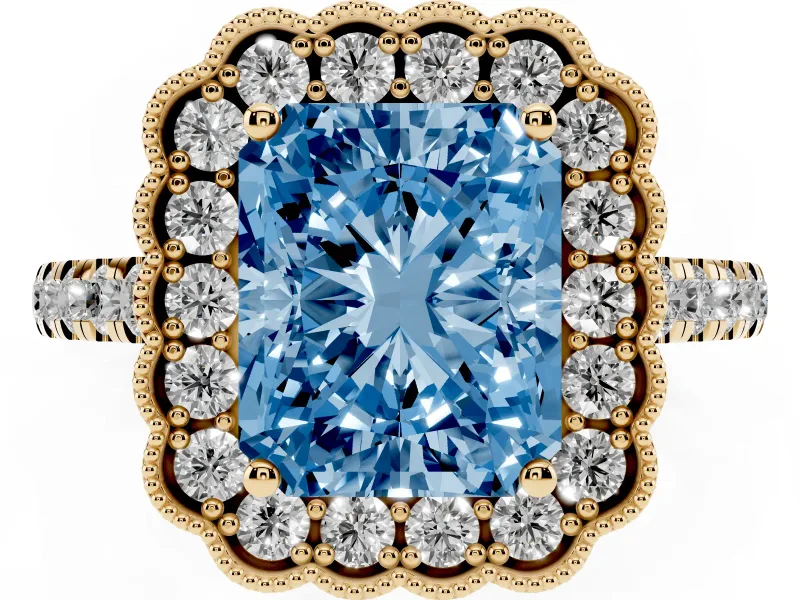Fancy Blue Radiant Cut Diamond Milgrain Floral Halo Engagement Ring Set in Yellow gold with Pavé Band