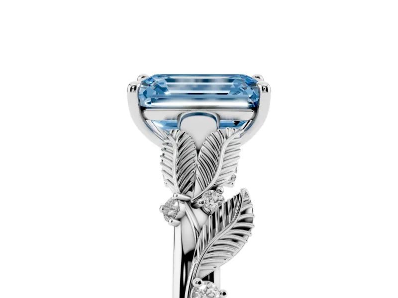 Emerald Cut Leaf Solitaire Engagement Ring Setting for a Fancy Blue Lab-Grown Diamond | Sterling Silver