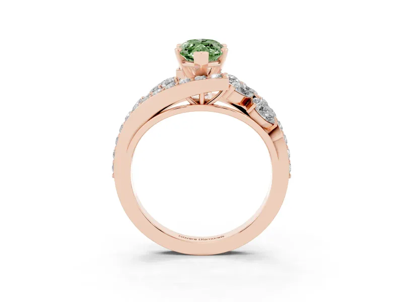 Fancy Green Marquise Cut Diamond Halo Ring Set in Rose gold with Marquise and Pavé Band in Prong Setting