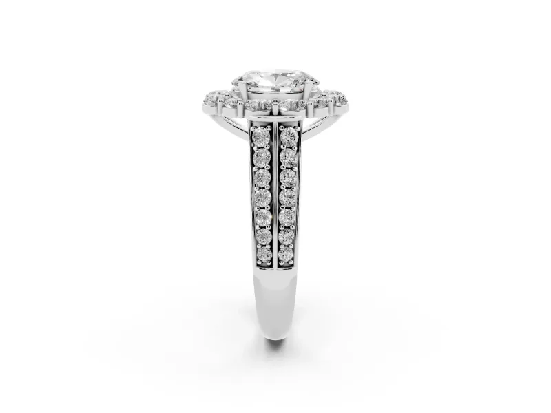 Oval Cut Diamond Halo Engagement Ring Set in White gold with Split Shank and Prong Setting