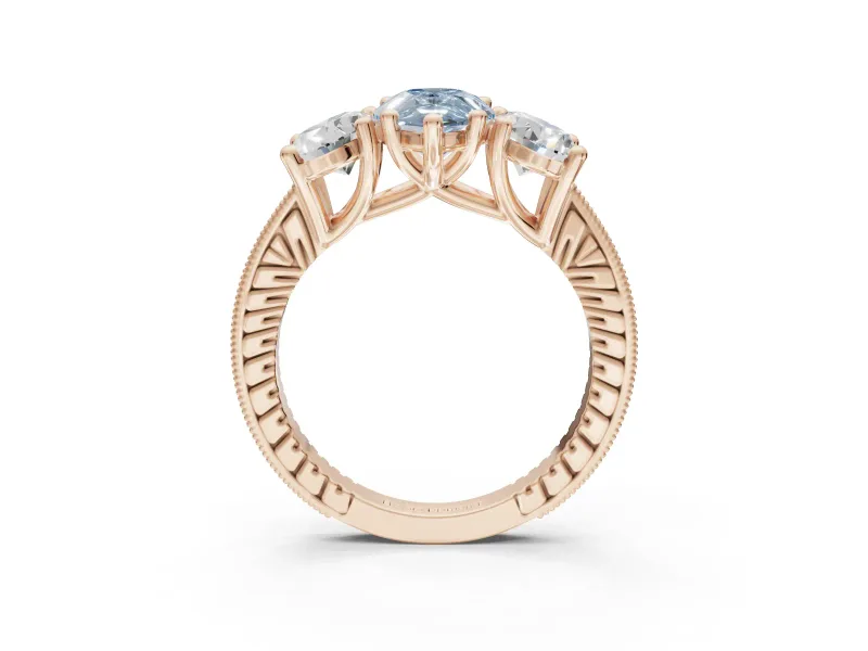 Pear-Shaped Vintage Three Stone Engagement Ring Setting for a Fancy Blue Lab-Grown Diamond | Graduated Pavé | Rose Gold