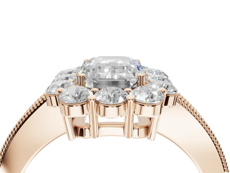 Emerald Cut Vintage Halo Engagement Ring Setting | Milgrain Channel Band | Rose Gold