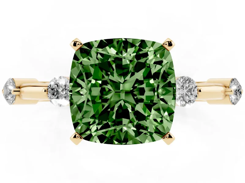 Fancy Green Cushion Cut Diamond Solitaire Ring Set in Yellow gold with Bezel Set Side Stones and Prong Setting