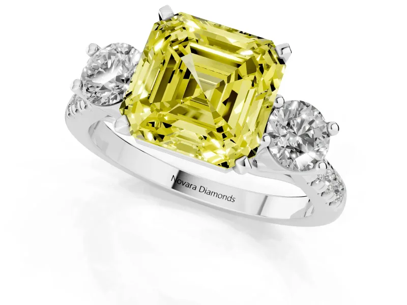 Fancy Yellow Three-Stone Asscher Cut Diamond Pavé Band Ring Set in Platinum with Prong-Set Trio