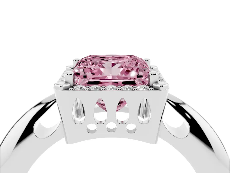 Fancy Pink Princess Cut Diamond Halo Engagement Ring Set in Platinum with Plain Split Shank and Prong Setting