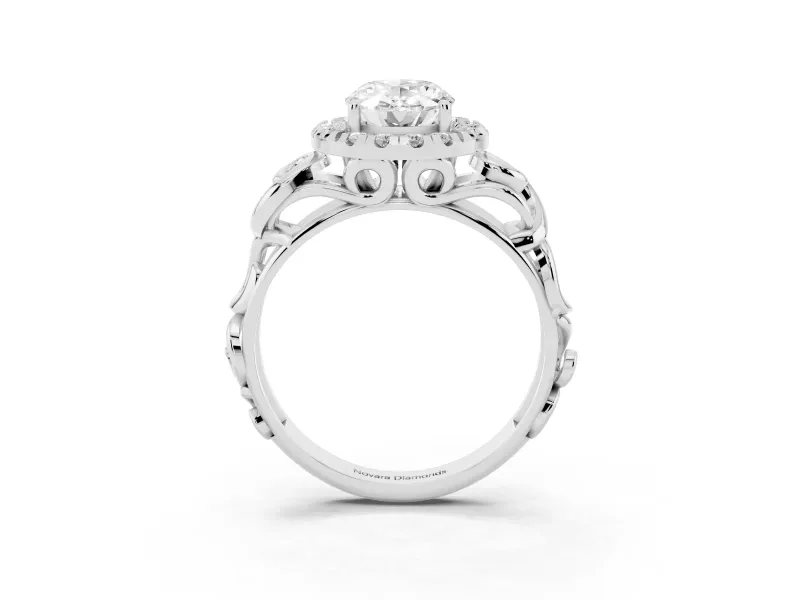 Oval Cut Diamond Halo Ring Set in Silver with Scrollwork Band and Prong Setting