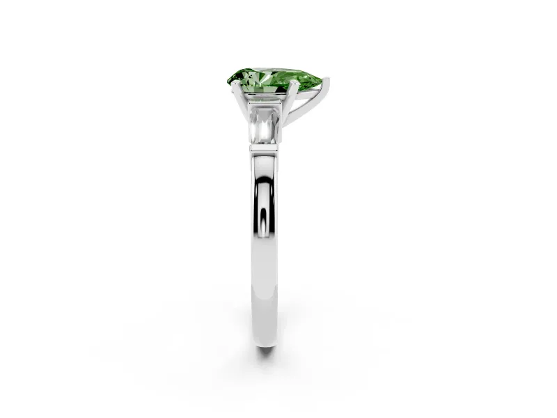 Fancy Green Pear Cut Diamond Solitaire Ring Set in Platinum with Tapered Baguette Accents and Prong Setting