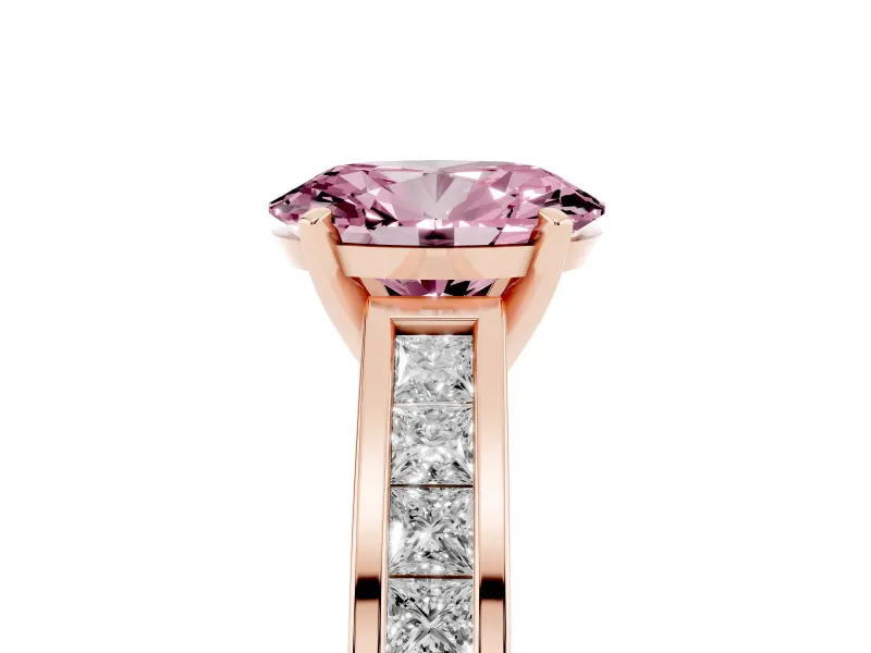 Fancy Pink Oval Cut Diamond Solitaire Ring Set in Rose gold with Channel-Set Band and Prong Setting
