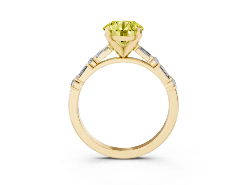 Fancy Yellow Round Cut Diamond Solitaire Set in Yellow gold with Side Baguettes and Channel Set Band