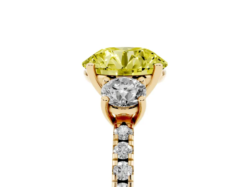 Round Three Stone Engagement Ring Setting for a Fancy Yellow Lab-Grown Diamond | Pave Shoulders | Yellow Gold