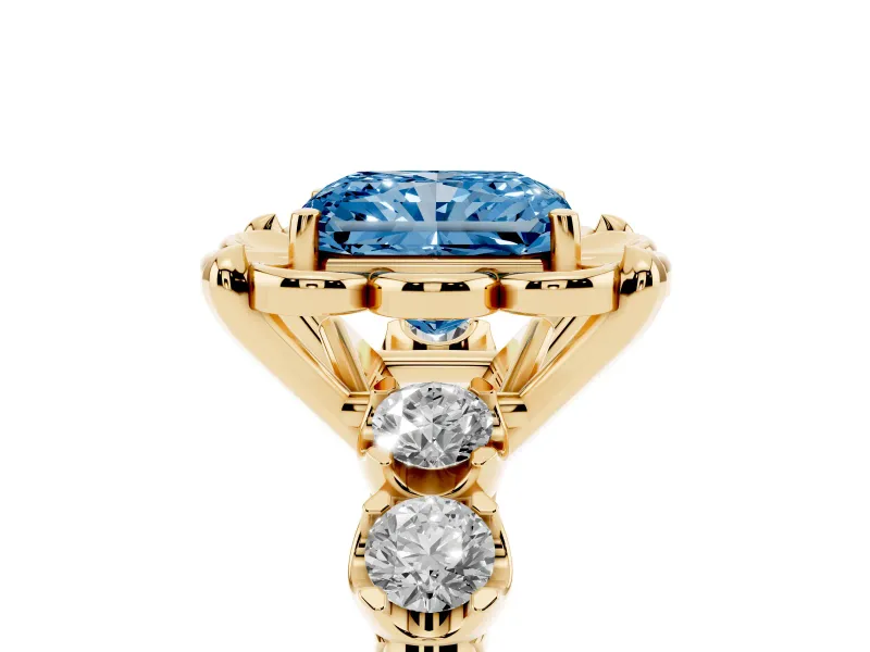 Fancy Blue Radiant Cut Diamond Floral Halo Ring Set in Yellow gold with Shared Prong Band