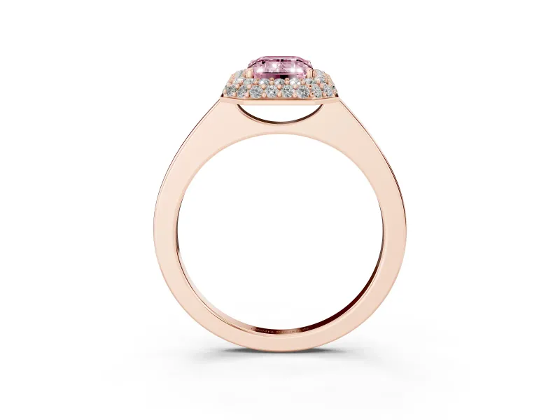 Fancy Pink Emerald Cut Diamond Halo Engagement Ring Set in Rose gold with Solitaire Band and Prong Setting