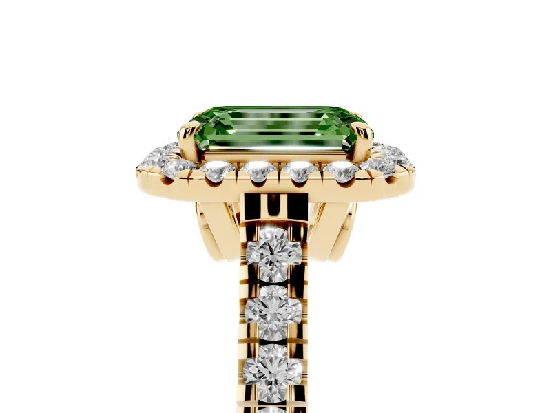 Emerald Cut Accented Halo Engagement Ring Setting for a Fancy Green Lab-Grown Diamond | Yellow Gold
