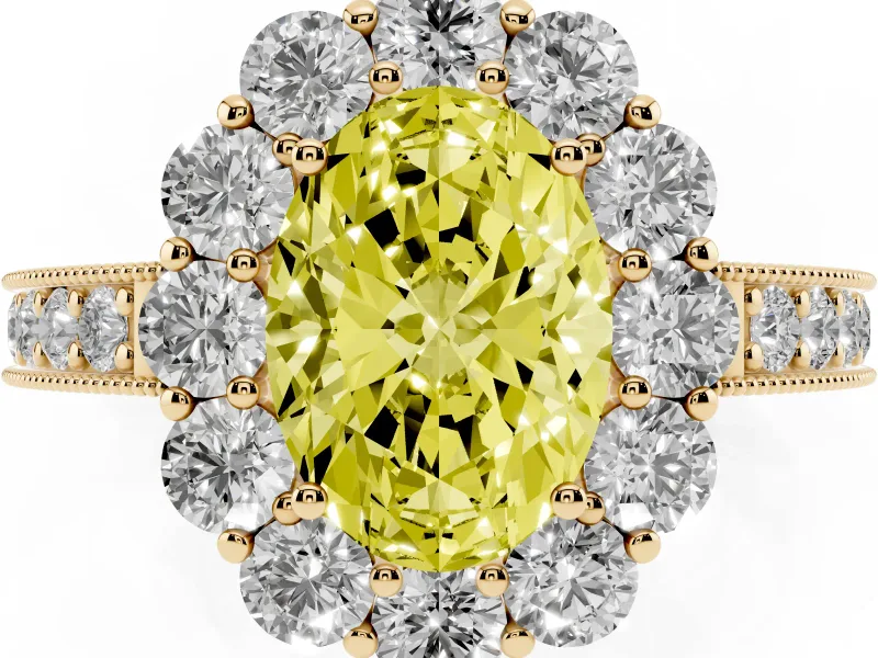 Oval Vintage Halo Engagement Ring Setting for a Fancy Yellow Lab-Grown Diamond | Milgrain Channel Band | Yellow Gold