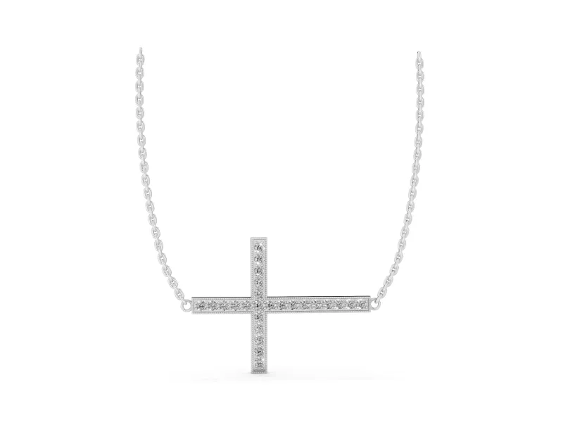 Round Lab-Grown Diamond Pavé Sideways Cross Necklace | Milgrain Edges | Sterling Silver