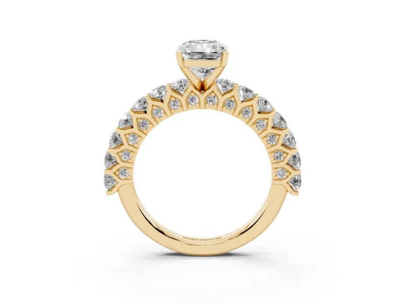Radiant Cut Shared Prong Engagement Ring Setting | Two-Row Band | Yellow Gold