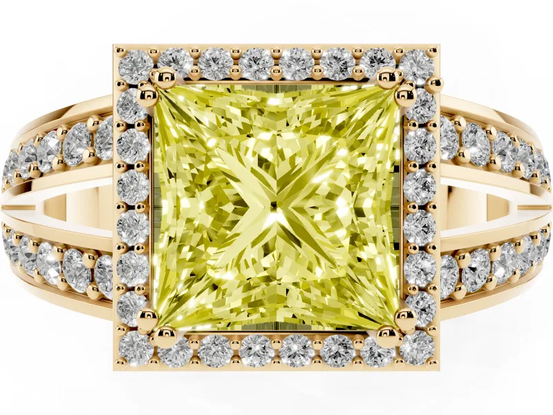 Princess Cut Halo Engagement Ring Setting for a Fancy Yellow Lab-Grown Diamond | Two-Row Pave Split Shank | Yellow Gold