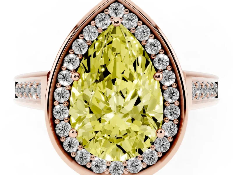 Fancy Yellow Pear Cut Diamond Halo Solitaire Ring Set in Rose gold with Pavé Band and Bezel Setting