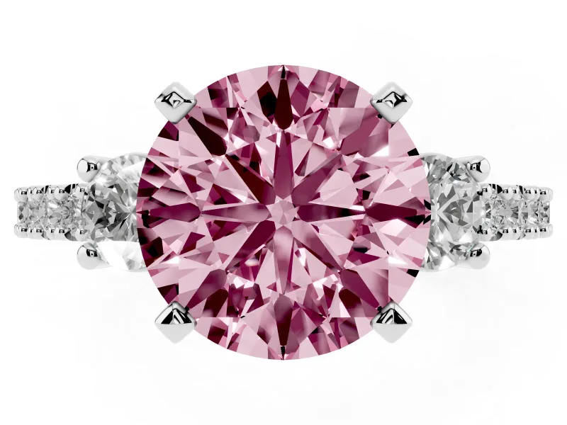 Round Three Stone Pavé Engagement Ring Setting for a Fancy Pink Lab-Grown Diamond | Round Side Stones | Sterling Silver