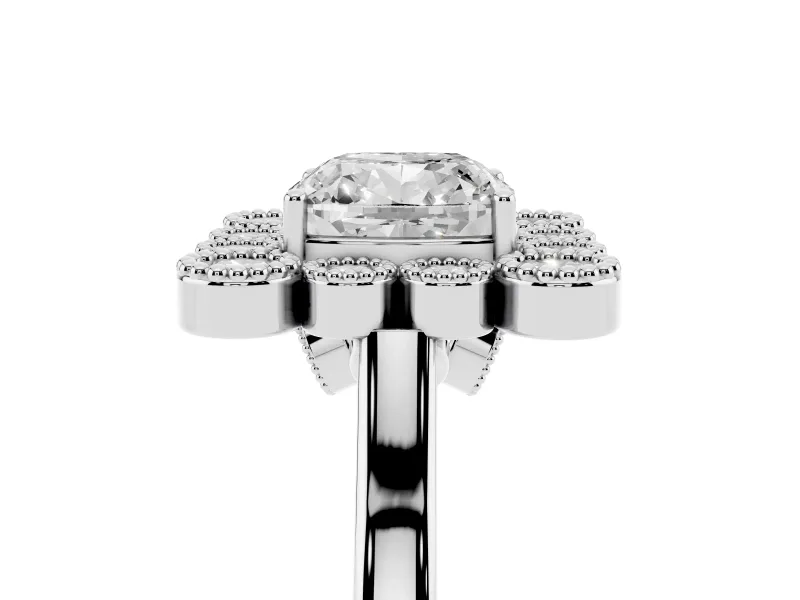 Cushion Cut Vintage Milgrain Bezel Cluster Halo Engagement Ring Setting | Plain Band | White Gold