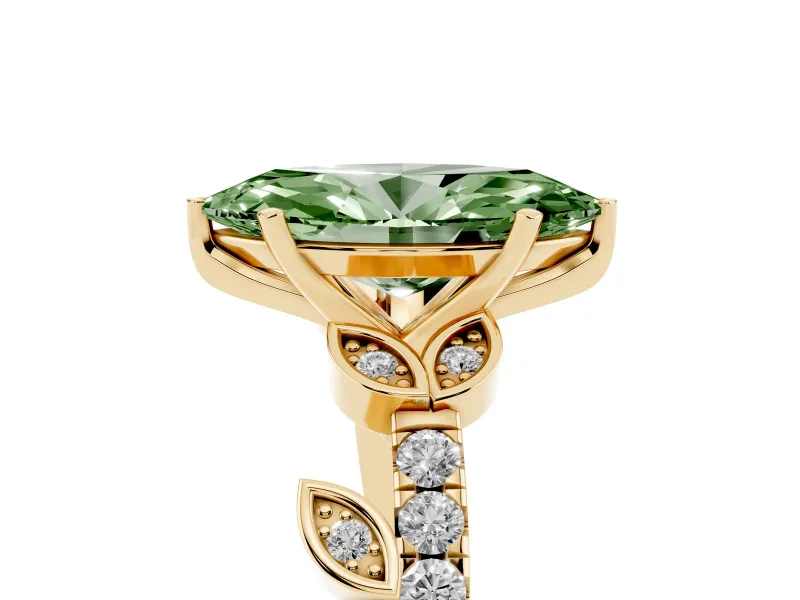 Fancy Green Marquise Cut Diamond Solitaire Leaf-Inspired Ring Set in Yellow gold with Pavé Band and Prong Setting
