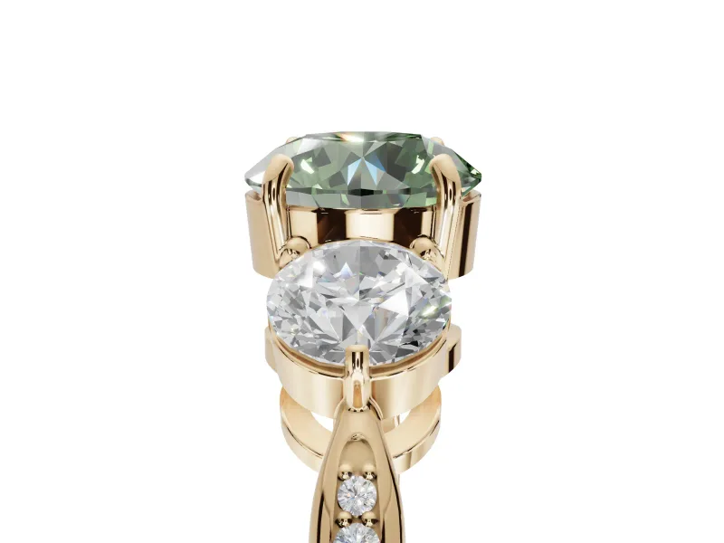 Round Three Stone Engagement Ring Setting for a Fancy Green Lab-Grown Diamond | Tapered Pave Band | Yellow Gold