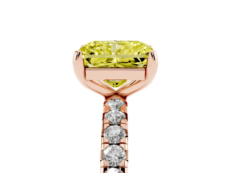 Fancy Yellow Radiant Cut Diamond Pavé Solitaire Ring Set in Rose gold with Round Band and Prong Setting