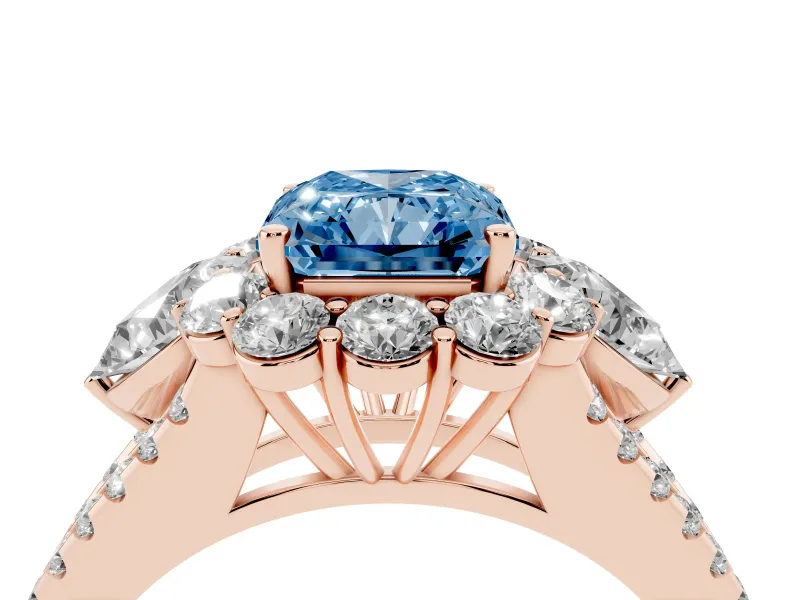 Radiant Cut Scalloped Halo Engagement Ring Setting for a Fancy Blue Lab-Grown Diamond | Pear Side Stones | Rose Gold