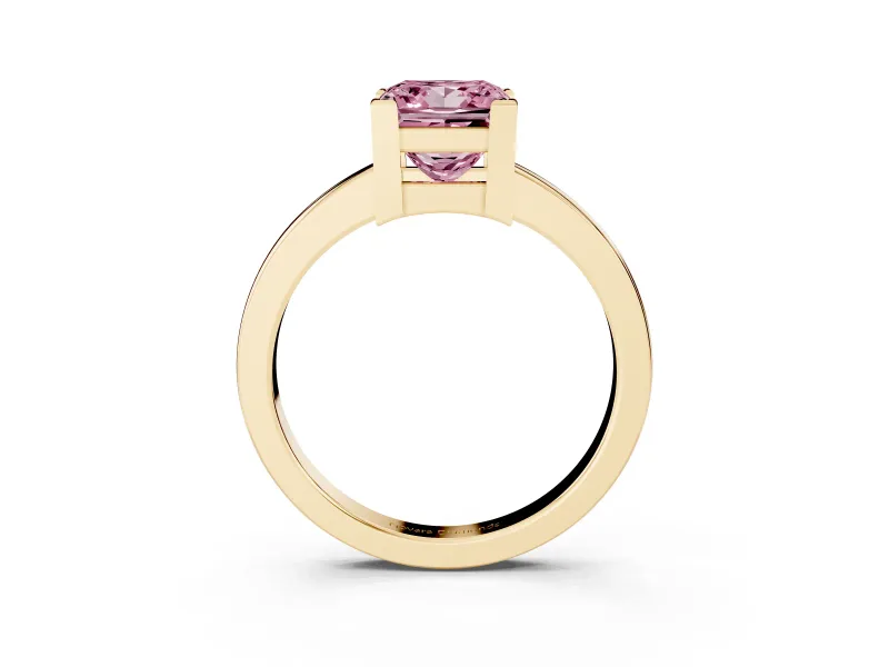 Fancy Pink Princess Cut Diamond Solitaire Ring Set in Yellow gold with Prong Head and Smooth Polished Band
