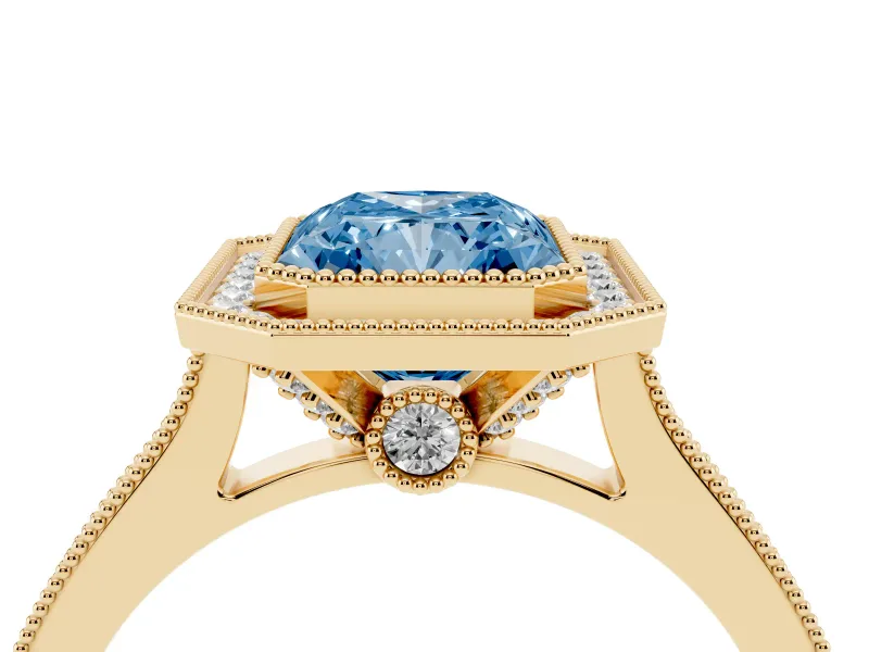 Radiant Cut Vintage Milgrain Halo Engagement Ring Setting for a Fancy Blue Lab-Grown Diamond | Bezel Head | Yellow Gold