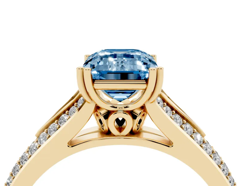Emerald Cut Split Shank Engagement Ring Setting for a Fancy Blue Lab-Grown Diamond | Pave Band | Yellow Gold