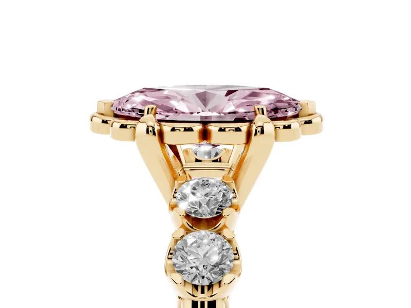 Marquise Floral Engagement Ring Setting for a Fancy Pink Lab-Grown Diamond | Petal Frame and Side Stones | Yellow Gold