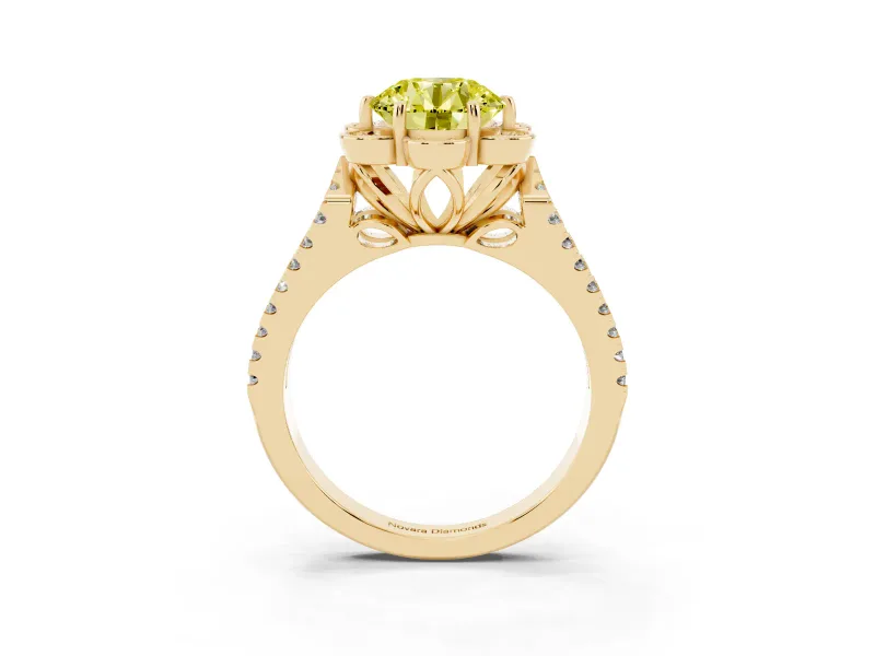 Round Floral Halo Engagement Ring Setting for a Fancy Yellow Lab-Grown Diamond | Pavé Split Shank | Yellow Gold