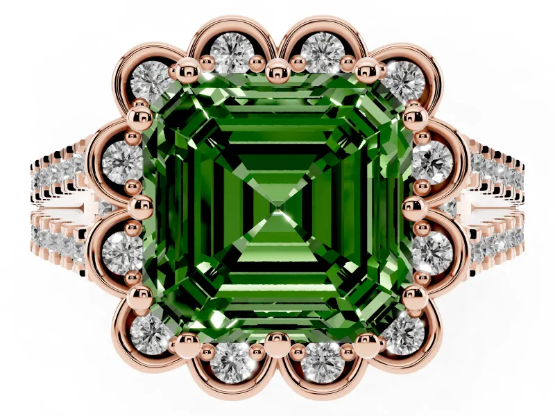 Asscher Cut Floral Halo Engagement Ring Setting for a Fancy Green Lab-Grown Diamond | Pavé Split Shank | Rose Gold