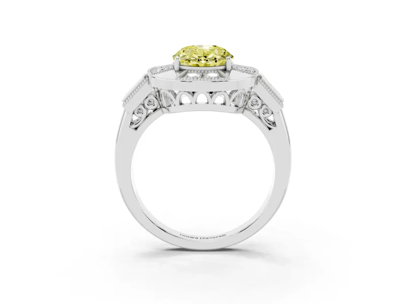 Fancy Yellow Oval Cut Diamond Milgrain Halo Ring Set in Platinum with Split Shank