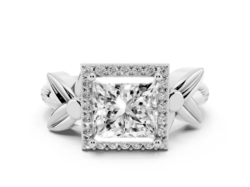 Princess Cut Diamond Halo Floral Band Ring Set in Platinum with Prong Setting
