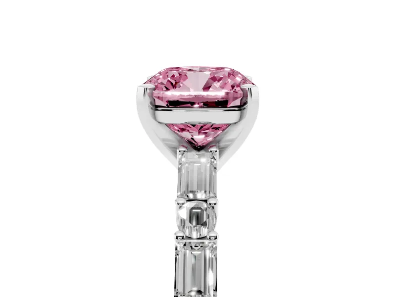 Fancy Pink Cushion Cut Diamond Solitaire Set in Silver with Side Baguettes and Channel Set Band