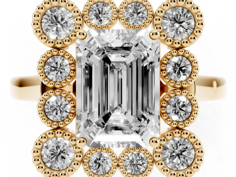Emerald Cut Vintage Milgrain Bezel Cluster Halo Engagement Ring Setting | Plain Band | Yellow Gold