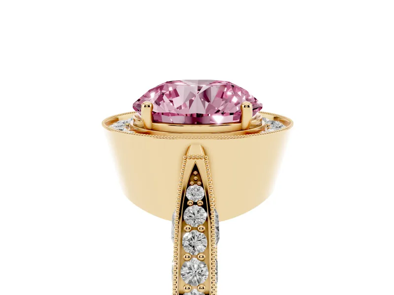 Round Milgrain Halo Engagement Ring Setting for a Fancy Pink Lab-Grown Diamond | Side Stones | Yellow Gold