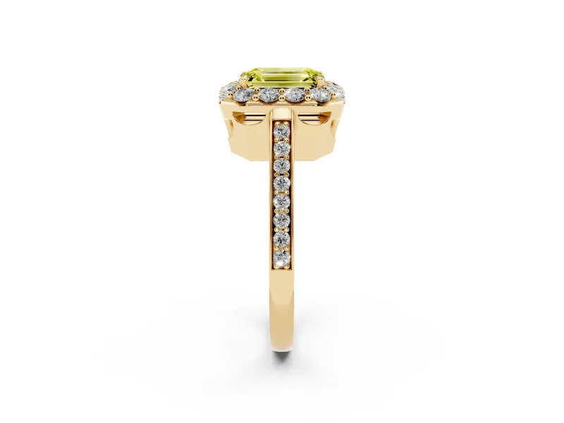 Fancy Yellow Emerald Cut Diamond Floral Halo Ring Set in Yellow gold with Pavé Band and Prong Setting