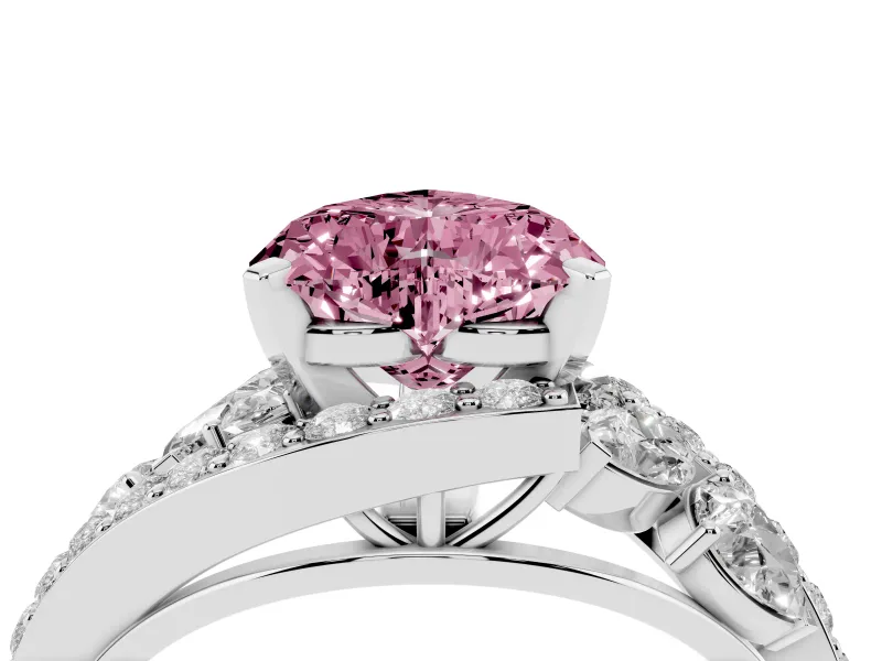 Fancy Pink Heart Cut Diamond Halo Ring Set in Silver with Marquise and Pavé Band in Prong Setting