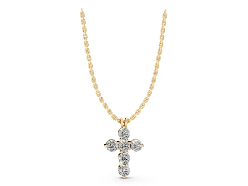 Round Lab-Grown Diamond Mini Cross Pendant Necklace | Individual Prongs | Yellow Gold