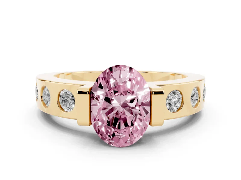 Fancy Pink Oval Cut Diamond Channel-Set Band Ring Set in Yellow gold with Bezel Prong Setting