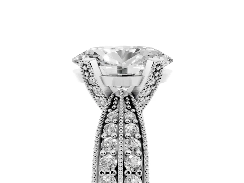 Oval Cut Diamond Solitaire Ring Set in White gold with Milgrain Double Row Round Pavé Band